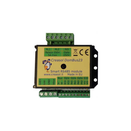 Creasol DomBus23: Modul Smart Home s 2x relé, 1x mosfet, určen pro Home Assistant a Domoticz